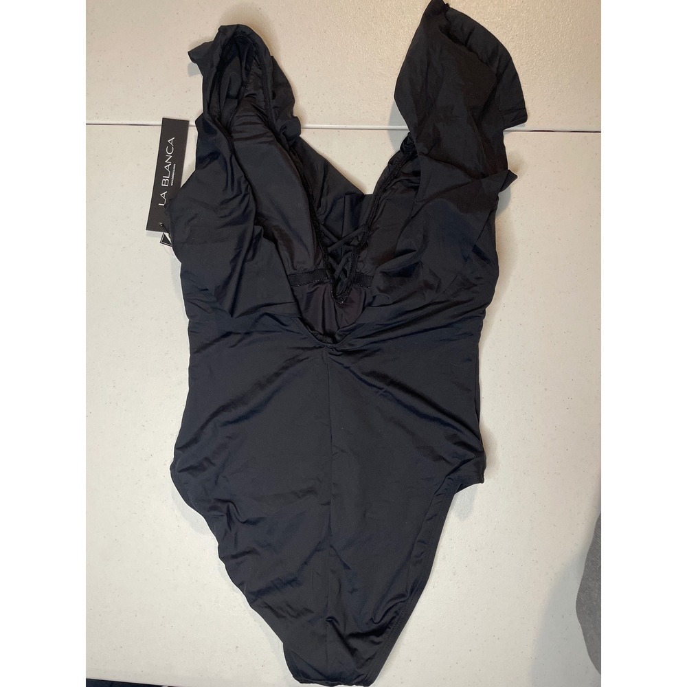 La Blanca Women's Island Goddess Over The Shoulder Ruffle Plunge One Piece, 8 - Picture 4 of 6